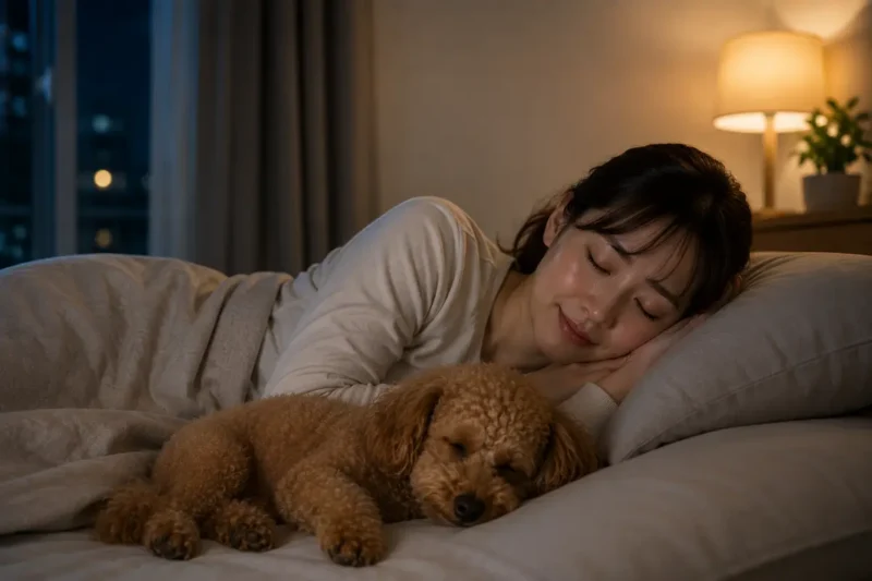 夜中も犬が落ち着いて眠り、飼い主も安心して眠れるようになったイメージ
